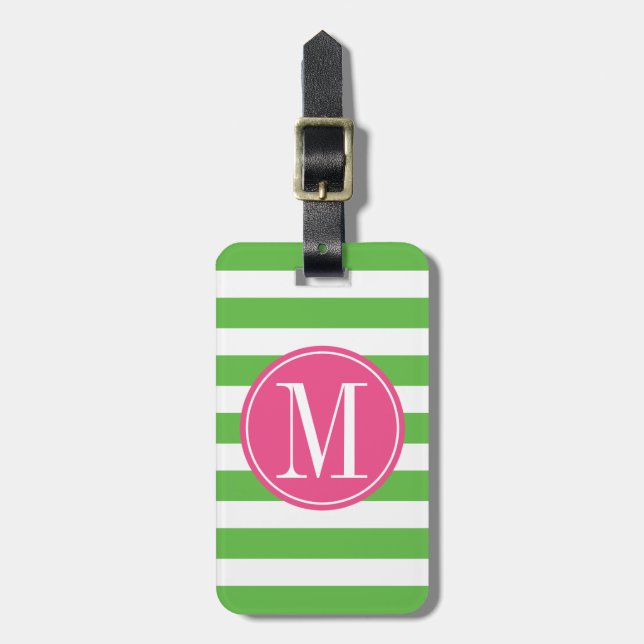 Pink and Green Stripes Custom Monogram Luggage Tag (Front Vertical)