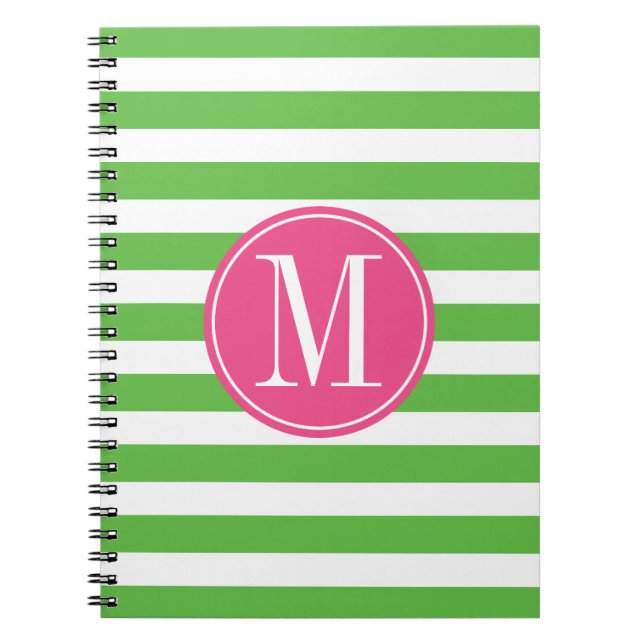 Pink and Green Stripes Custom Monogram Spiral Notebook (Front)