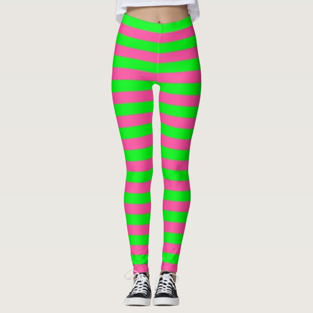 Pink and Green Stripes Design Leggings (Front)