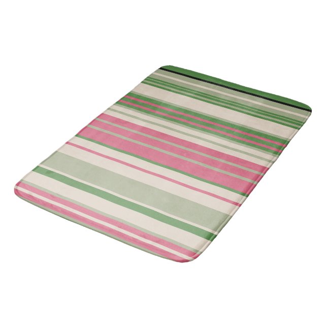Pink and Green Stripes Mid-Century Modern  Bath Mat (Angled)