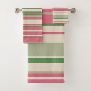 Pink and Green Stripes Mid-Century Modern  Bath Towel Set