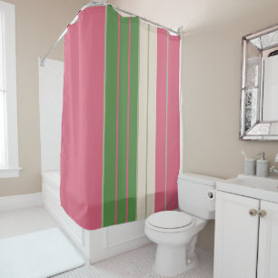 Pink and Green Stripes Mid-Century Modern Shower Curtain