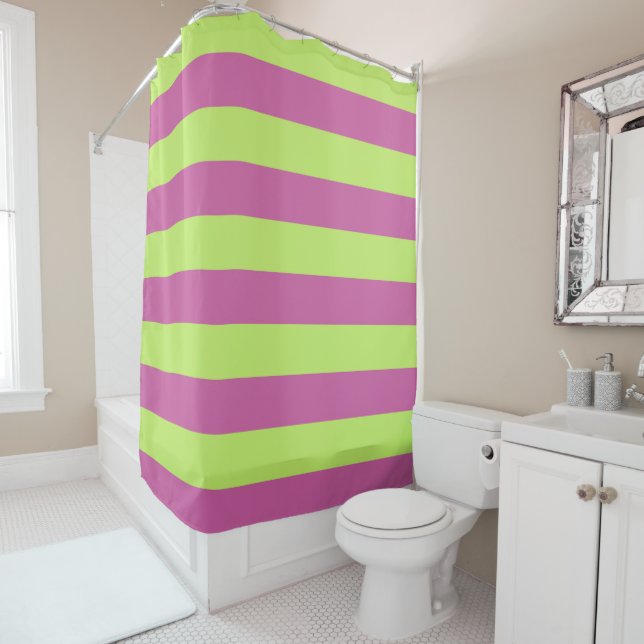 Pink and Green Stripes Shower Curtain (In Situ)