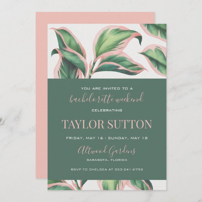 Pink and Green Tropical Foliage Bachelorette Party Invitation (Front/Back)
