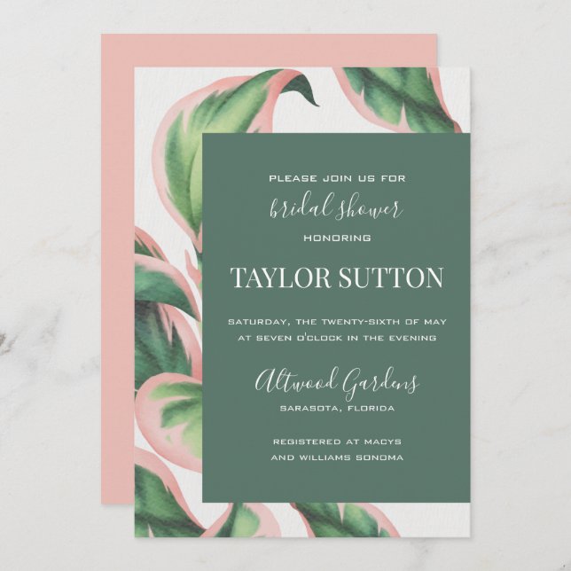 Pink and Green Tropical Foliage Shower Invitation (Front/Back)