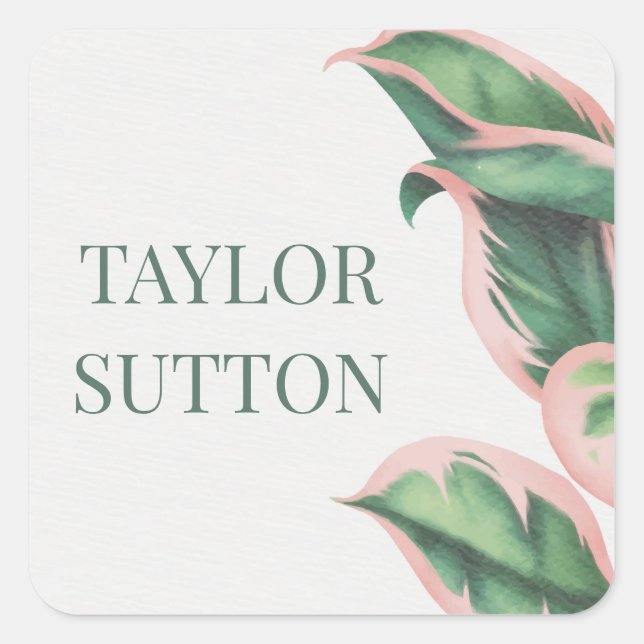 Pink and Green Tropical Foliage Square Sticker (Front)