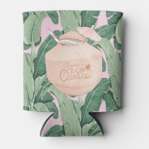Pink and Green Tropical Leaves Coconut Drink Can Cooler