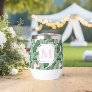 Pink and Green Tropical Leaves Monogram Cabana