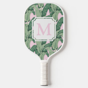 Pink and Green Tropical Leaves Monogram Cabana Pickleball Paddle