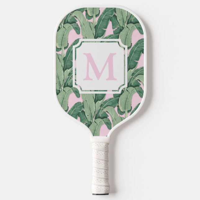 Pink and Green Tropical Leaves | Monogram Cabana  Pickleball Paddle (Front)