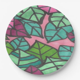 Pink and Green Tropical Palm Leaves Print Paper Plate
