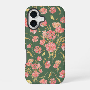 Pink and green tulip floral watercolor iPhone 16 case
