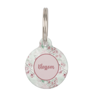 Pink and Green Watercolor Cherry Blossom Floral Pet Tag