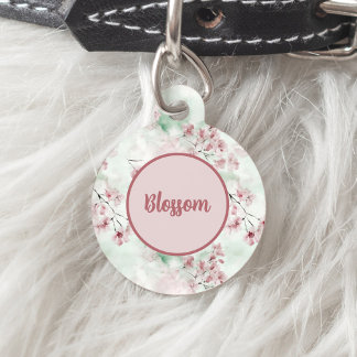 Pink and Green Watercolor Cherry Blossom Floral Pet Tag