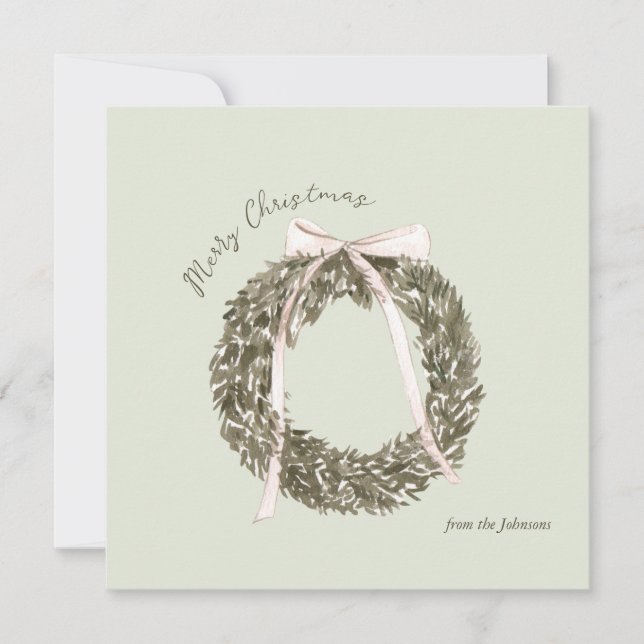 Pink and Green Watercolor Christmas Wreath Card (Front)