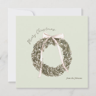 Pink and Green Watercolor Christmas Wreath Card