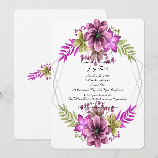 Pink And Green Watercolor Floral Bridal Shower Invitation (Front/Back)