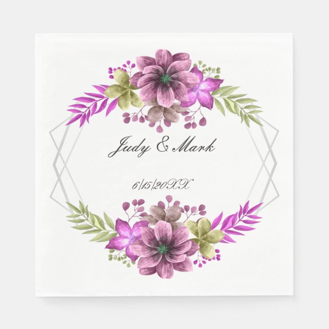Pink And Green Watercolor Floral Paper Napkin (Front)