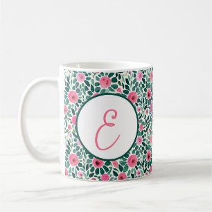 Pink and green watercolor floral pattern monogram coffee mug
