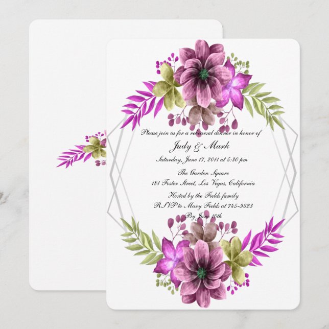 Pink And Green Watercolor Floral Rehearsal Dinner Invitation (Front/Back)