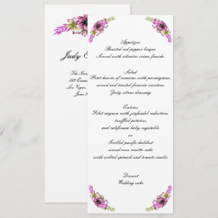 Pink And Green Watercolor Floral Wedding Menu Invitation