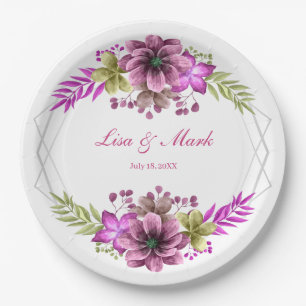 Pink And Green Watercolor Floral Wedding  Paper Plate