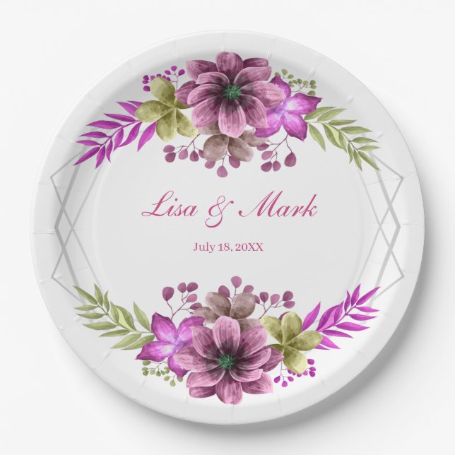 Pink And Green Watercolor Floral Wedding  Paper Plate (Front)