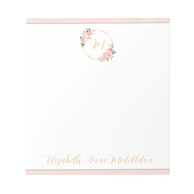 Pink and Green Watercolor Floral Wreath Monogram Notepad (Front)