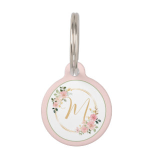 Pink and Green Watercolor Floral Wreath Monogram Pet Tag