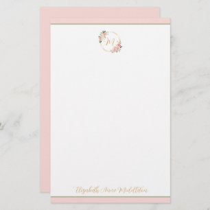 Pink and Green Watercolor Floral Wreath Monogram Stationery