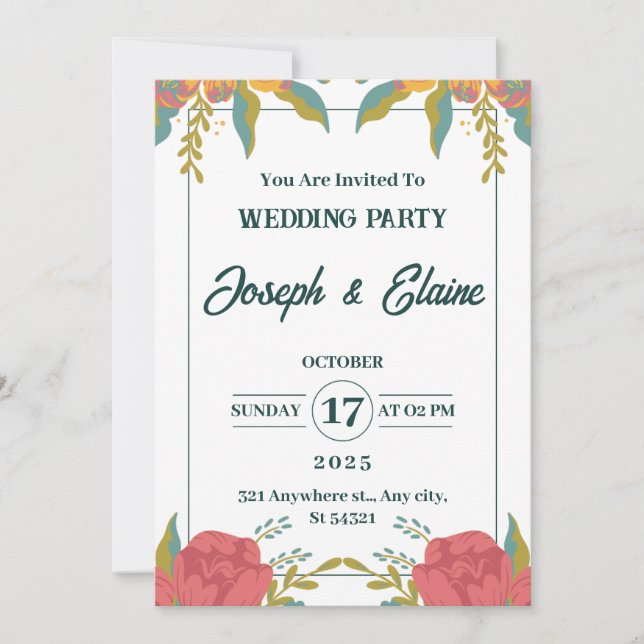 Pink and green watercolor wedding flowers invitation (Front)