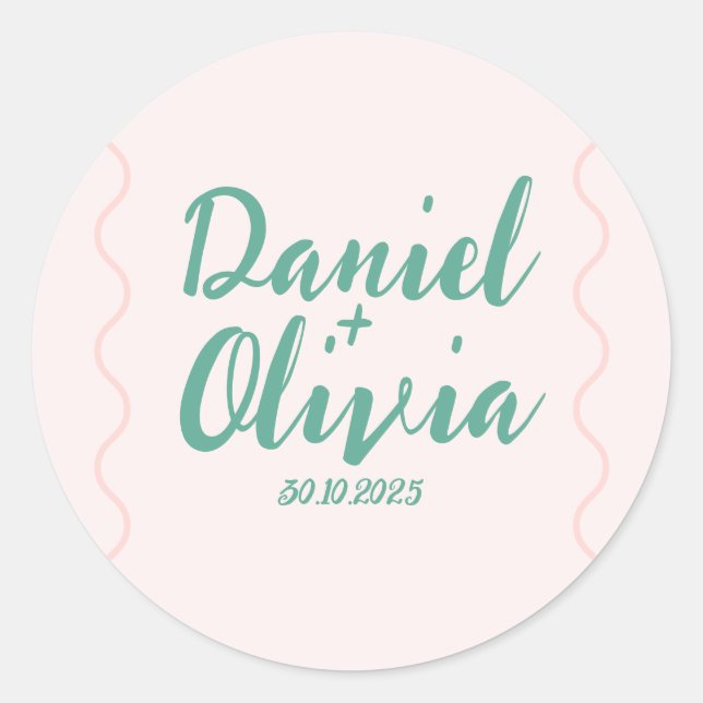 Pink and Green Wavy Wedding  Classic Round Sticker (Front)