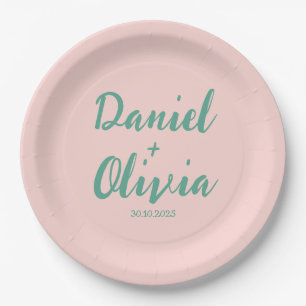Pink and Green Wavy Wedding Paper Plate