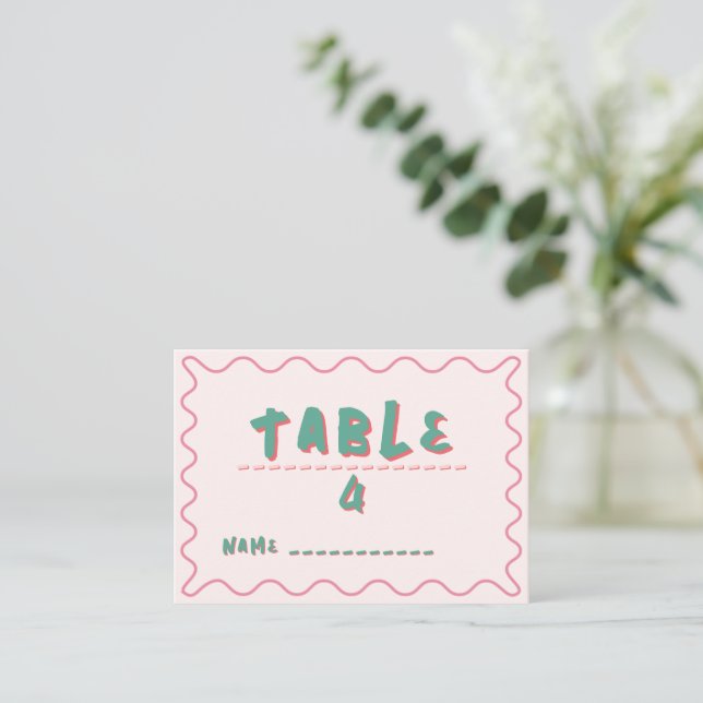 Pink and Green Wavy Wedding  Place Card (Standing Front)