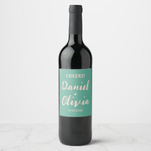 Pink and Green Wavy Wedding Wine Label
