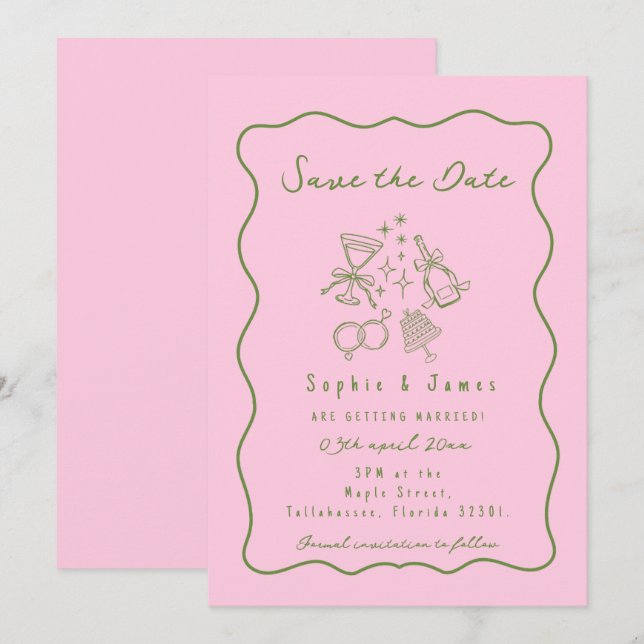 pink and green Whimsical Doodle Trendy Wedding Invitation (Front/Back)