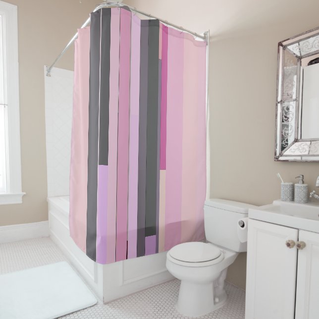 Pink and grey abstract Stripes Shower Curtain (In Situ)