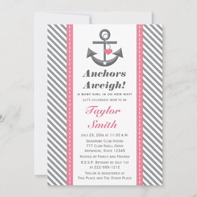 Pink and Grey Anchor Nautical Baby Shower Invitation (Front)