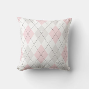 Pink and Grey Argyle Pattern Monogram Pillow