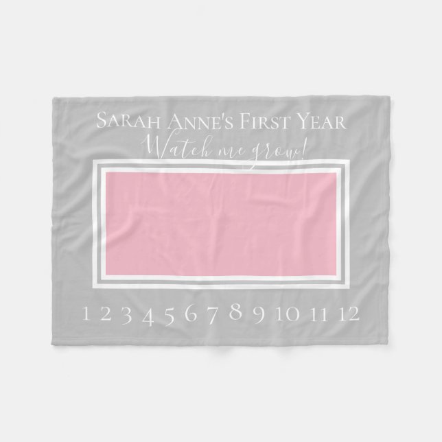 Pink and Grey Baby Girl Milestone Photo Fleece Blanket (Front (Horizontal))