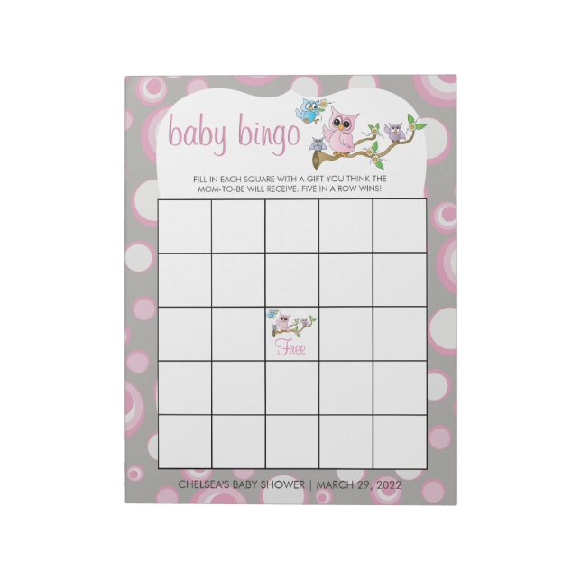Pink and Grey Baby Owl | Shower Bingo Game Notepad (Rotated)