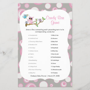 Pink and Grey Baby Shower Owl Candy Bar Game Flyer
