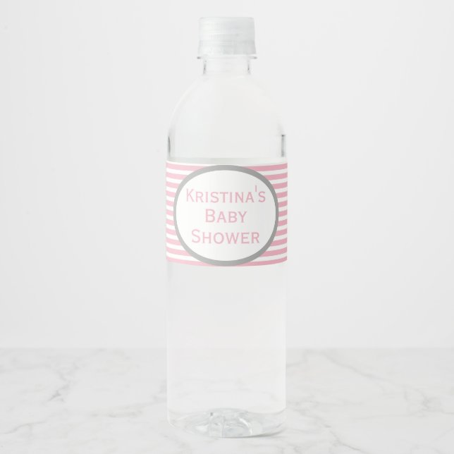 Pink and Grey Baby Shower Water Bottle Label (Front)