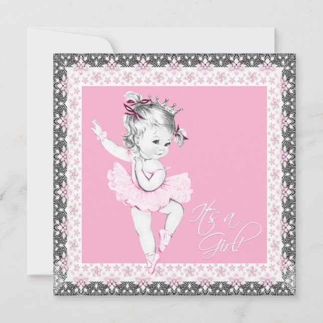 Pink and Grey Ballerina Baby Girl Shower Invitation (Front)