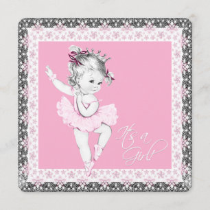 Pink and Grey Ballerina Baby Girl Shower Invitation