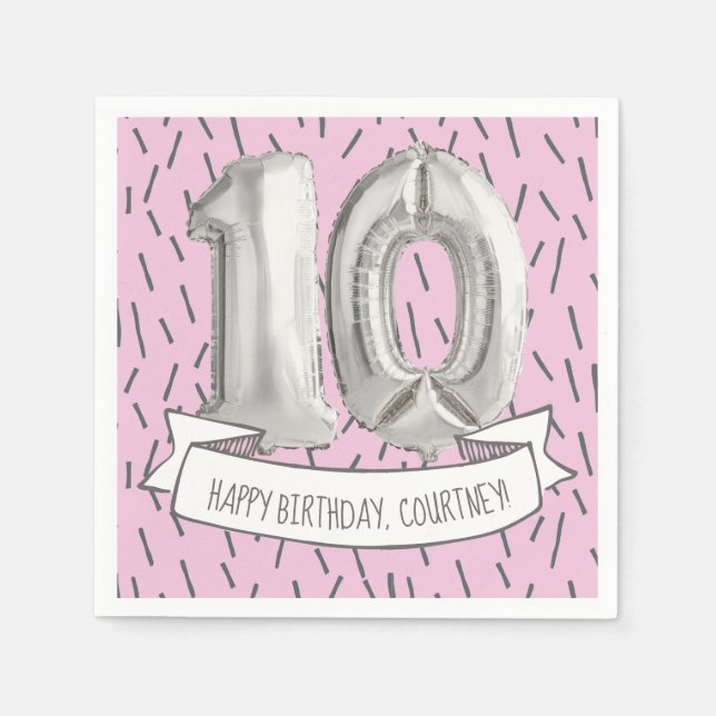 Pink and Grey Balloon Girls 10th Birthday Party Napkin (Front)