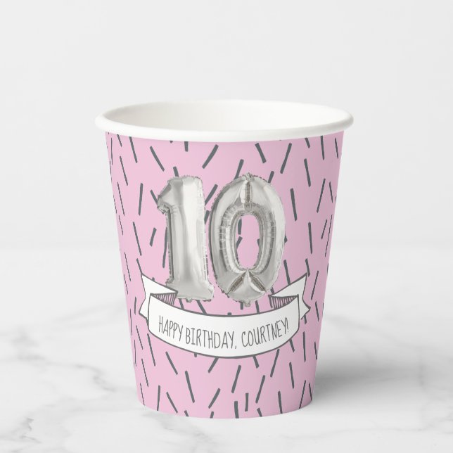 Pink and Grey Balloon Girls 10th Birthday Party Pa Paper Cups (Front)