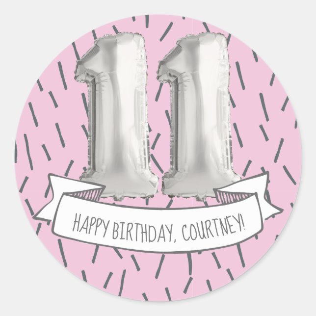 Pink and Grey Balloon Girls 11th Birthday Party Classic Round Sticker (Front)