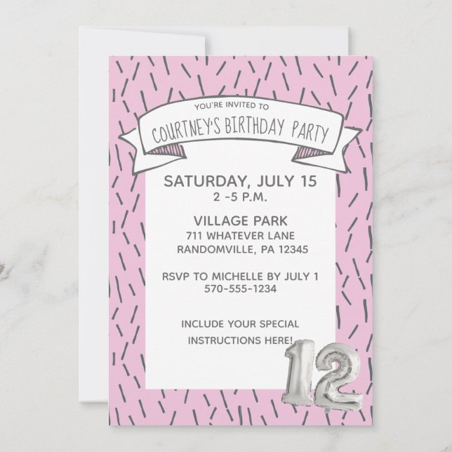 Pink and Grey Balloon Girls 12th Birthday Party Invitation (Back)