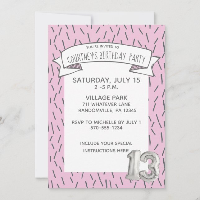 Pink and Grey Balloon Girls 13th Birthday Party Invitation (Back)